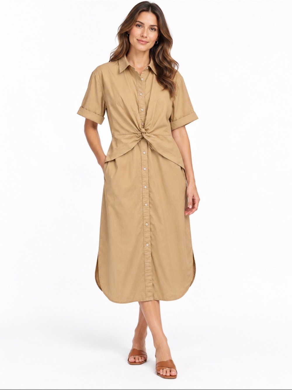 Lauren Ralph Lauren Twist-Front Cotton-Blend Shirtdress – Birch Tan – Size 16
